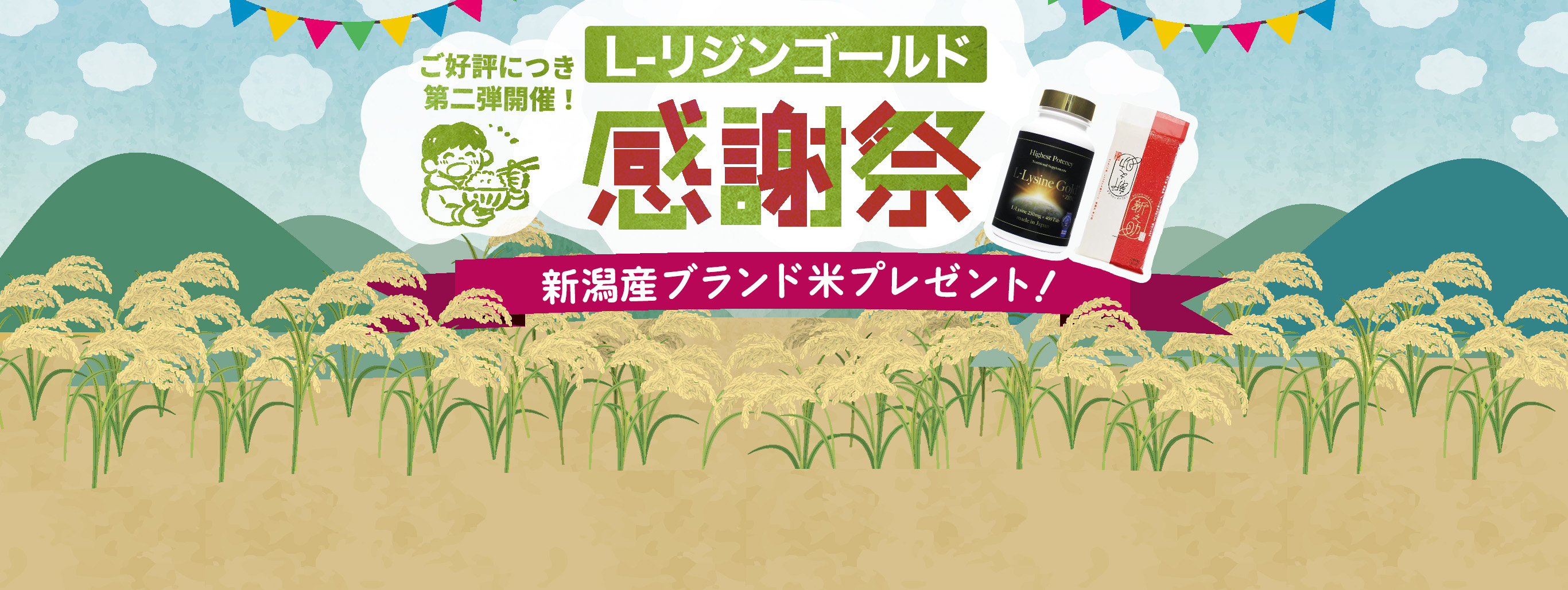 ご好評につき、第二弾開催！L-リジンゴールド感謝祭！令和6年新潟産ブランド米「新之助」2号プレゼント！